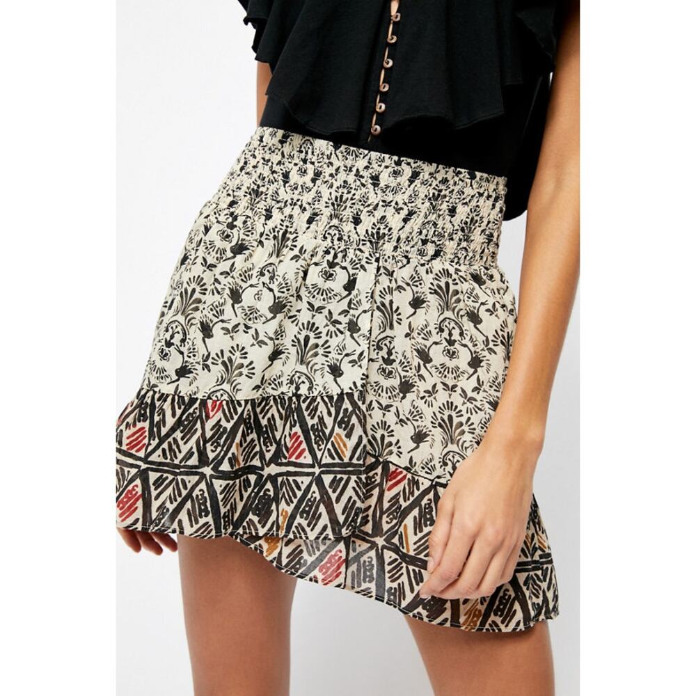 Free People Riviera Cotton Mini Skirt Ruffle Geometric Brown Neutral Smocked L